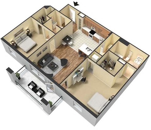 Floor plan for 2 beds, 2 baths, 1062 sqft